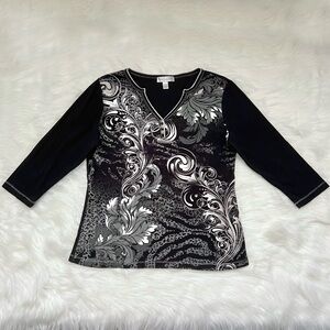 Dressbarn Black 3/4 Sleeve Top with Paisley and Leopard Print Design